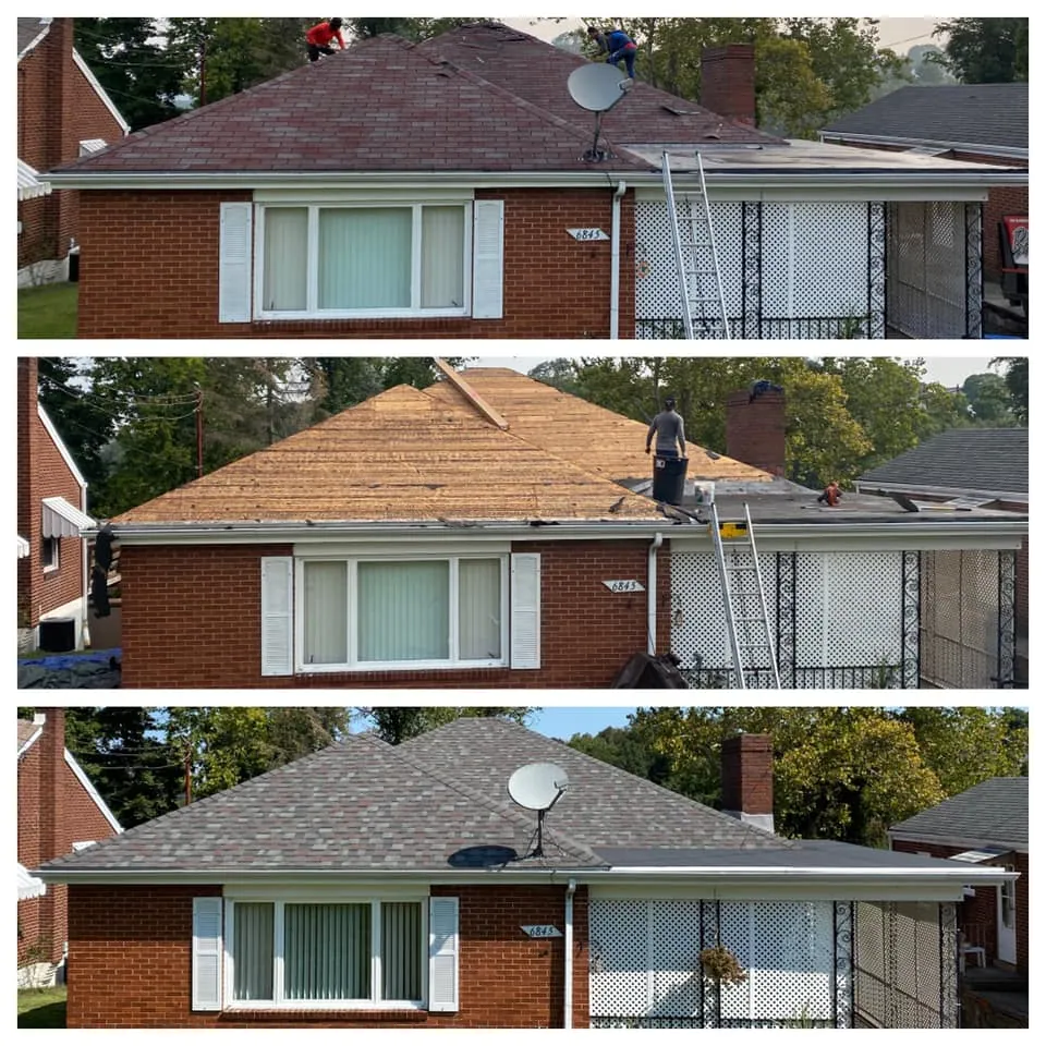 Before, during and after photos of a one day roof replacement on a brick Pittsburgh ranch home
